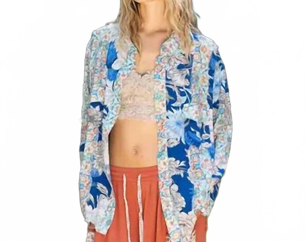 NEW POL oversized long sleeve button top in blue multi